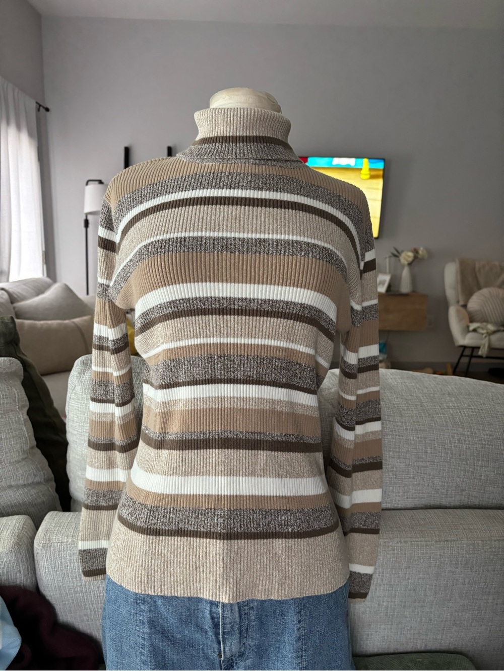 JH Collectibles Beige Brown White Striped Turtleneck Sweater